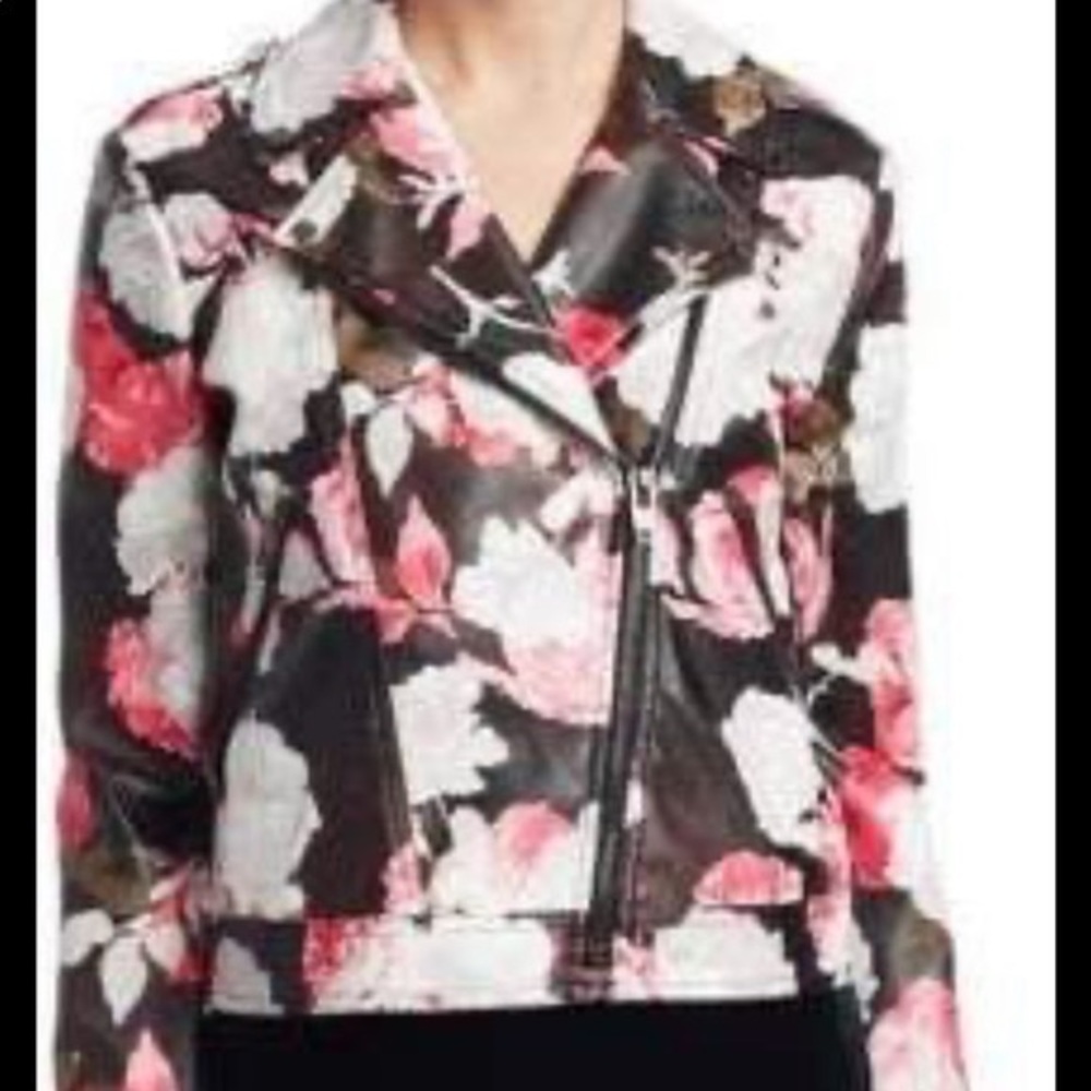 Scripted Floral Moto Faux Leather Jacket Small